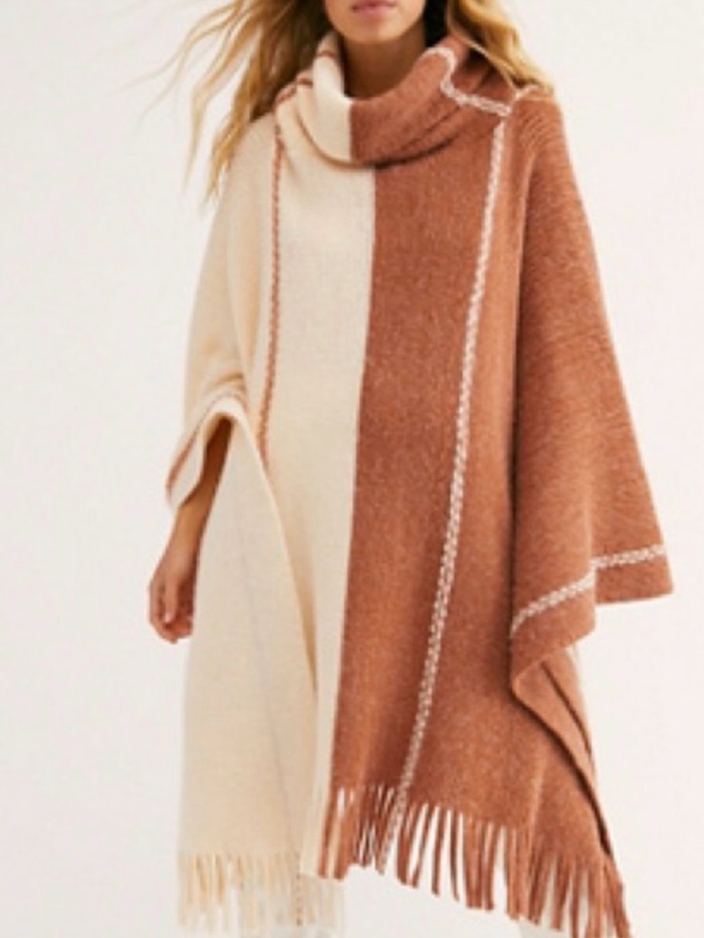 Free People Two-Tone Cream and Brown Fringe Wrap Poncho